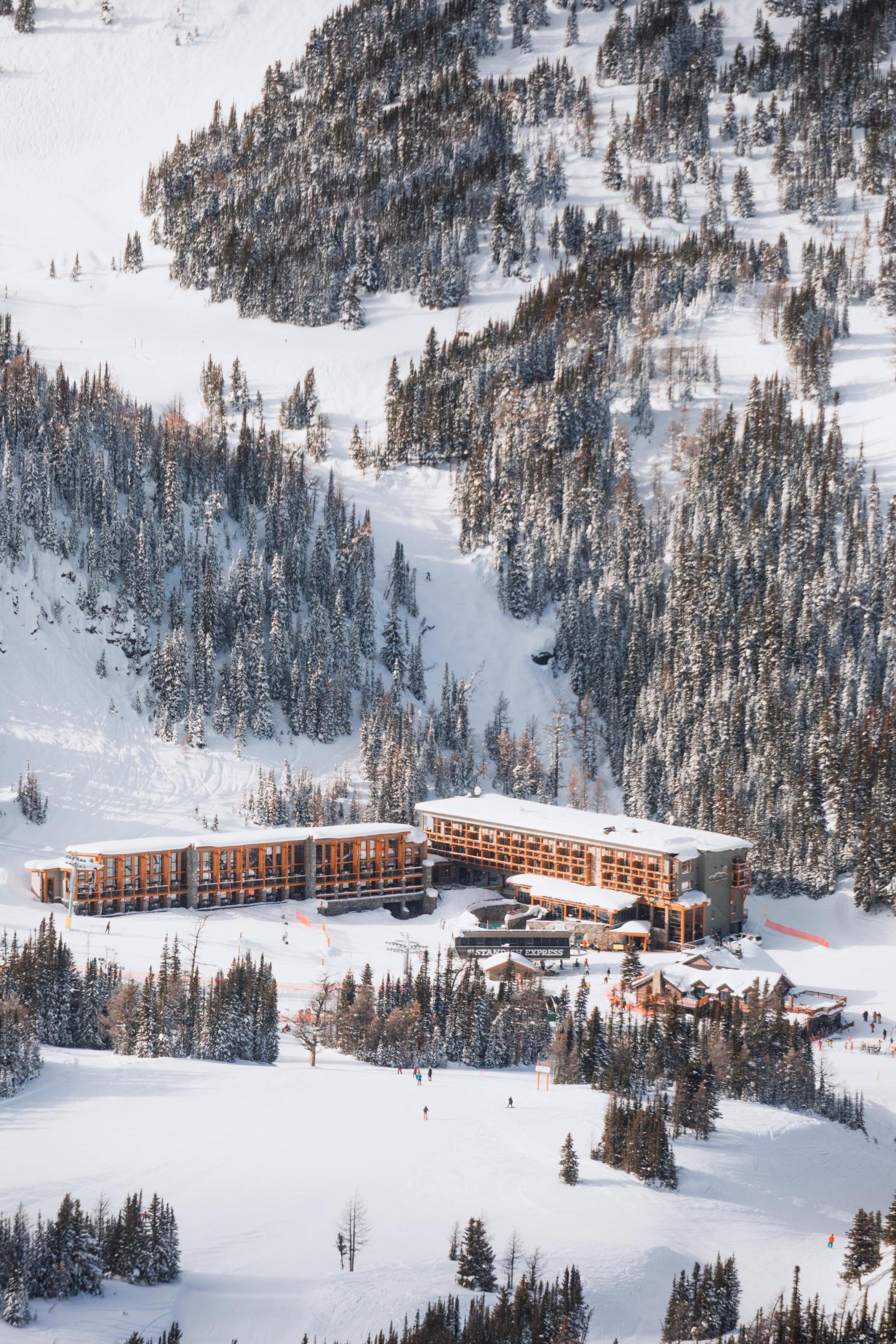 Snowy mountain resort surrounded by trees.