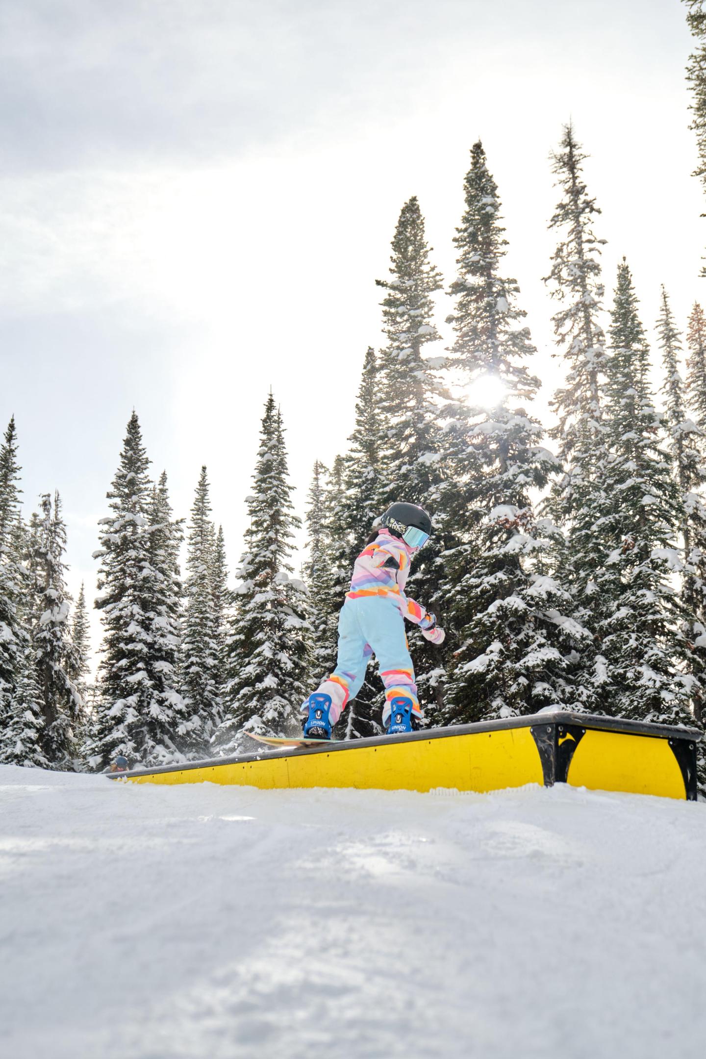 Snowboarder on rail, snowy forest, bright sun.