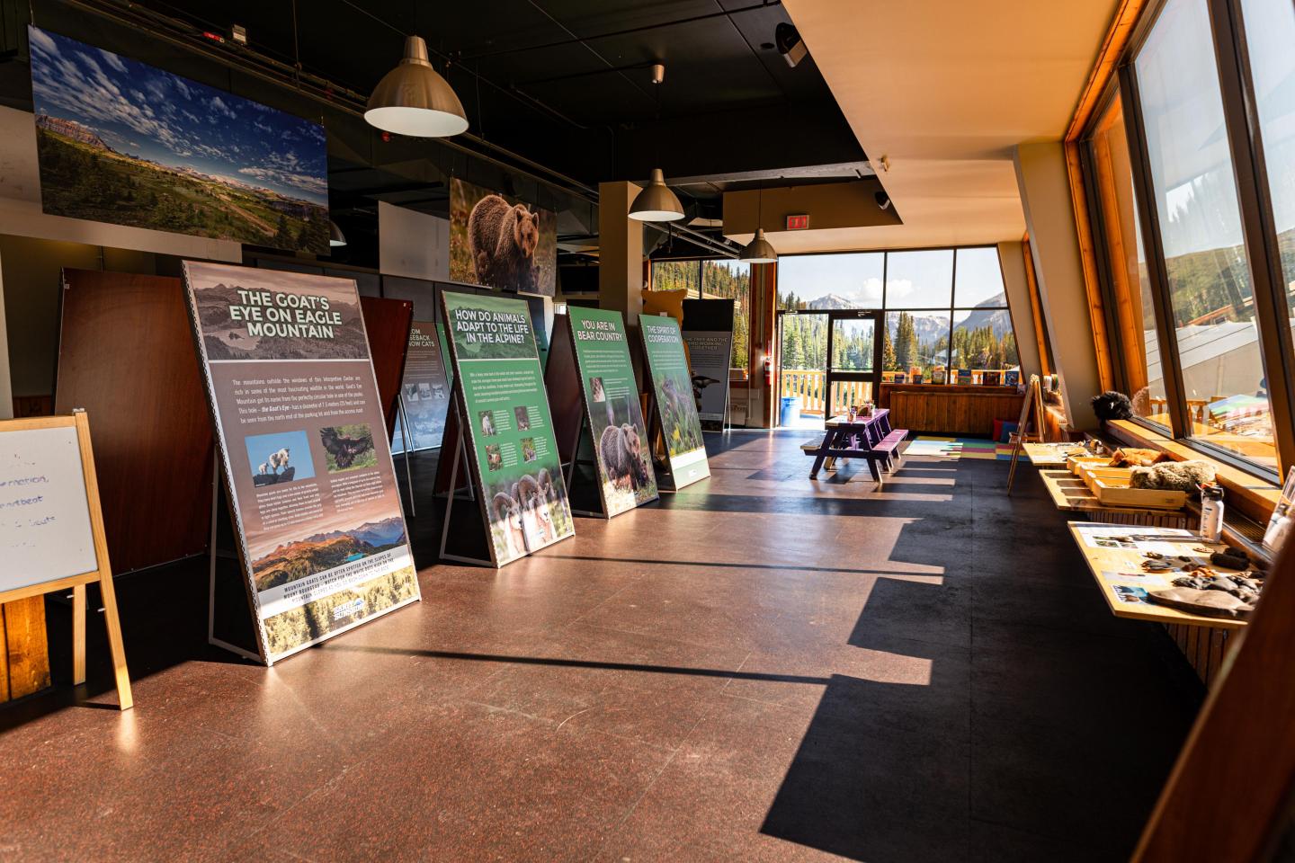 Bright visitor center interior with informational panels and large windows.
