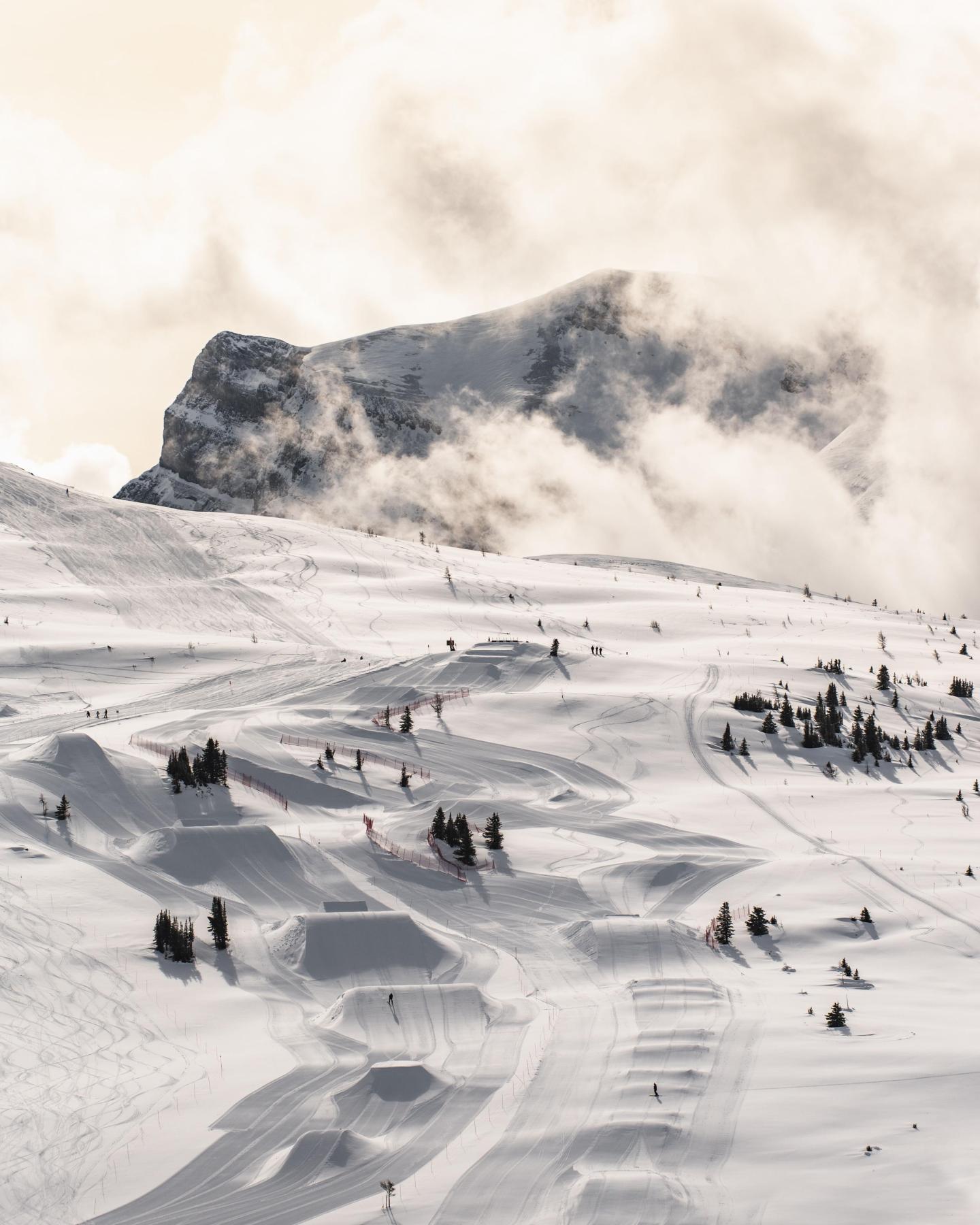 Snowy mountain landscape with trees and cloudy sky.