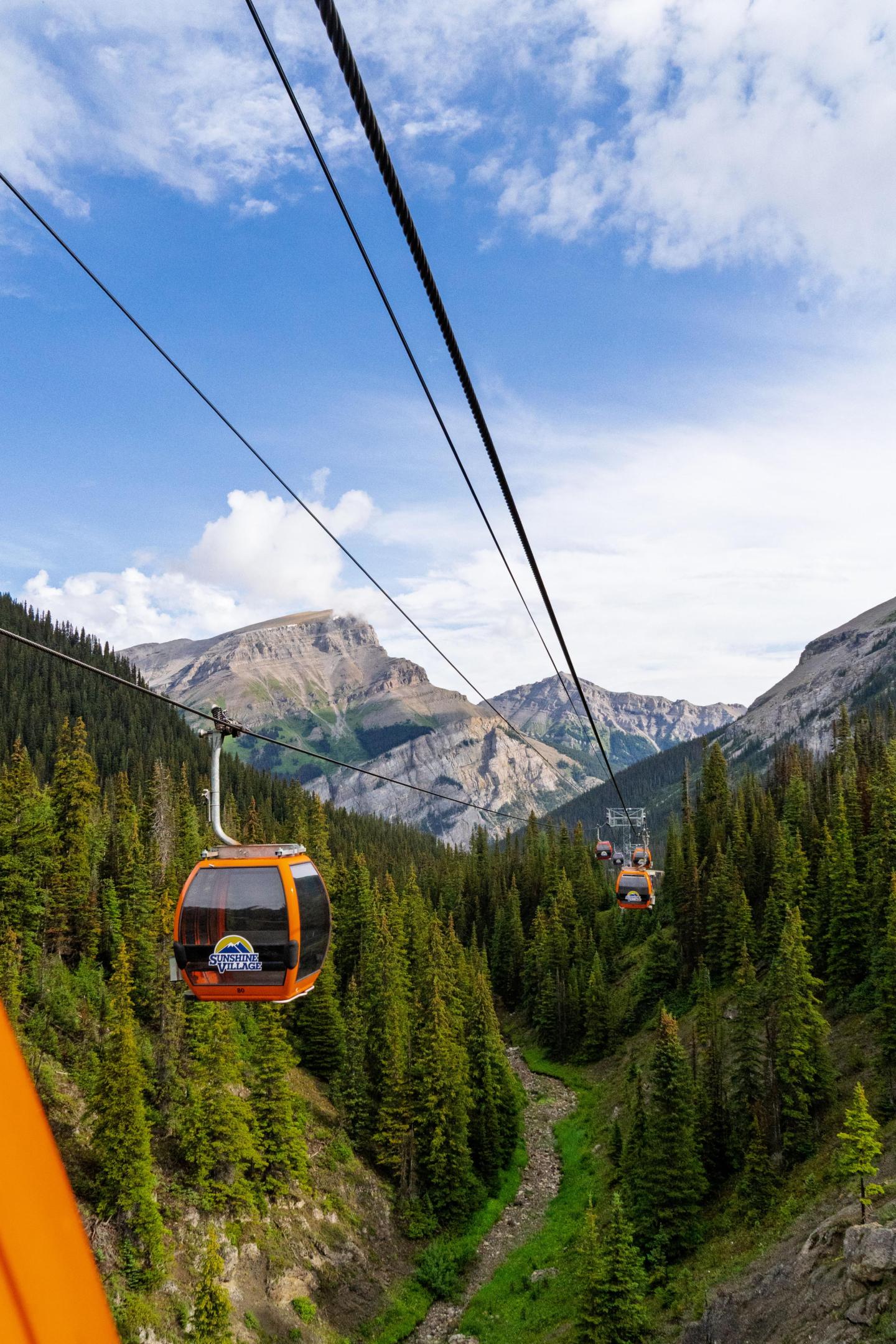 Orange cable cars over a forested mountain landscape under a blue sky.