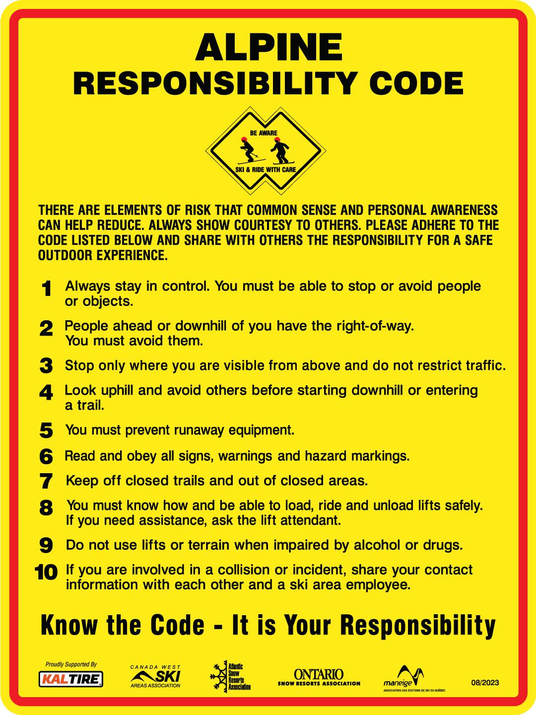 Alpine Responsibility Code graphic with safety rules in bold black text on yellow background.
