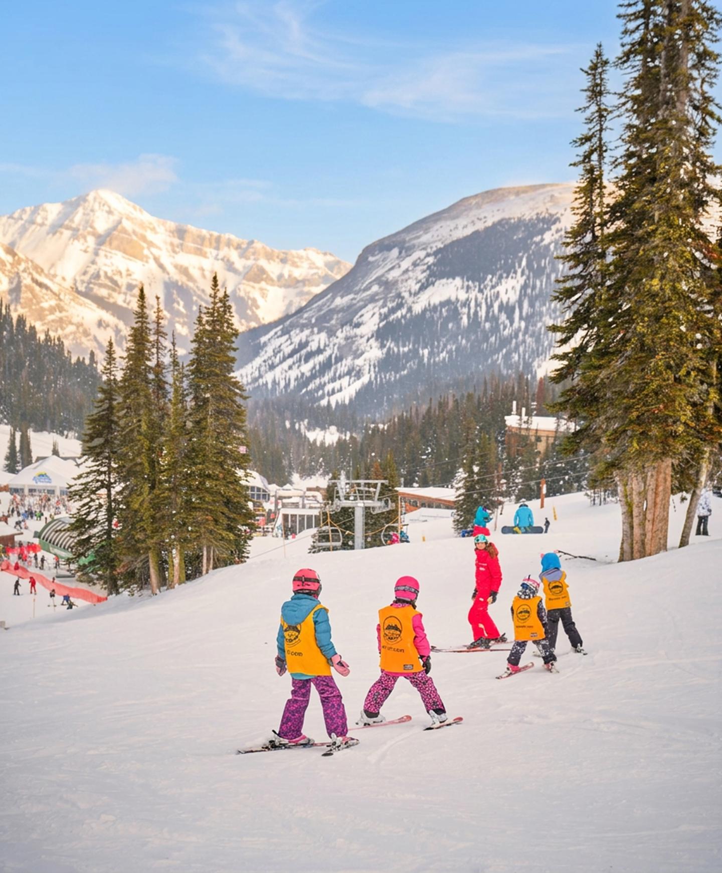 Children skiing on a snowy mountain slope with pine trees and distant peaks.