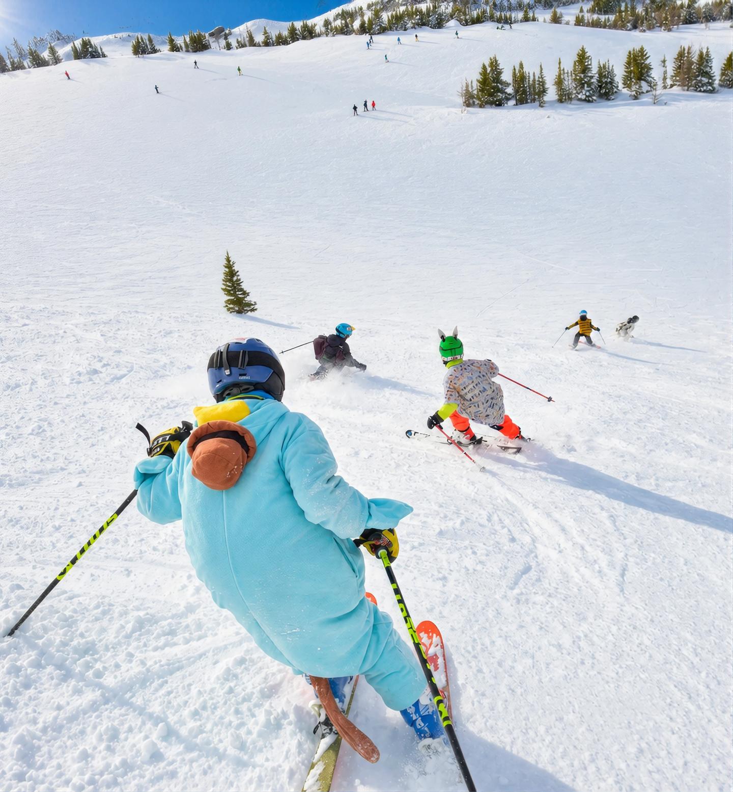 Skiers in colorful costumes descend a snowy slope.