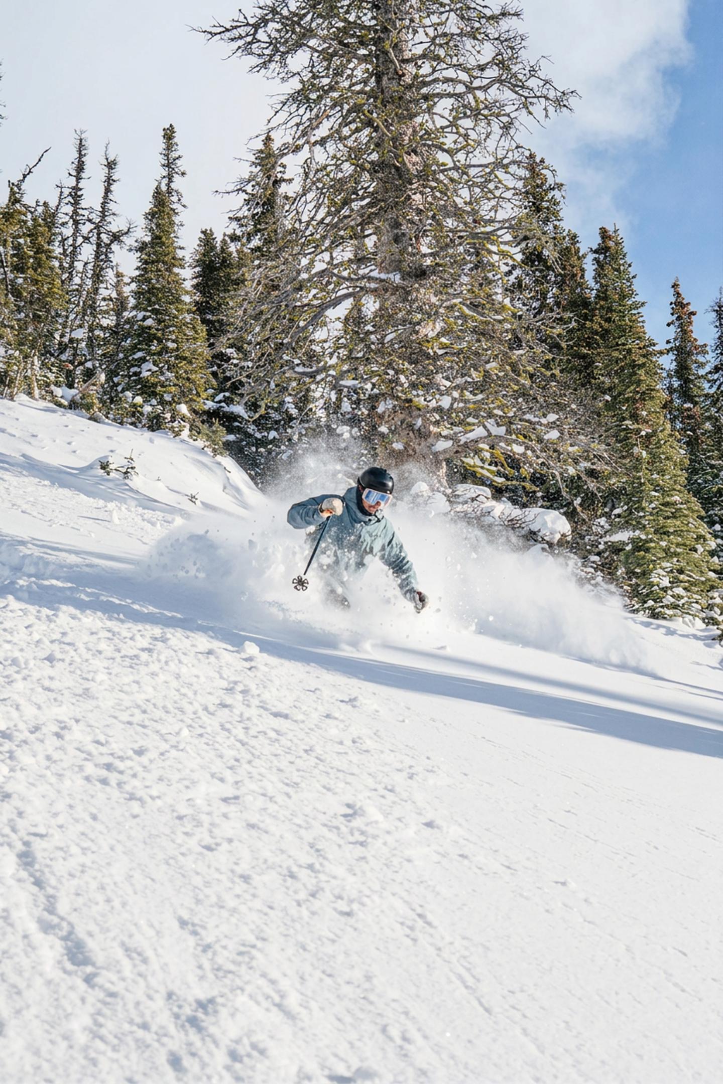 Skier carving through deep powder on a snowy mountain slope among pine trees.