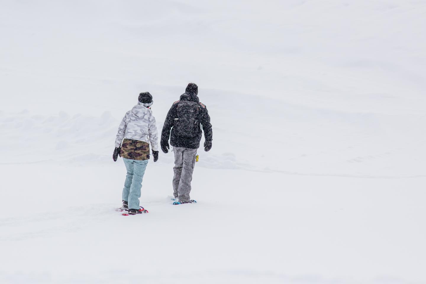 Two people walking on a snowy landscape in winter clothing.
