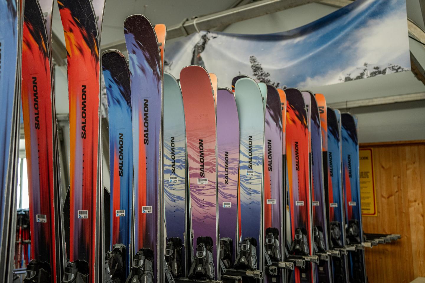 Rows of colorful skis standing upright in a rental shop.