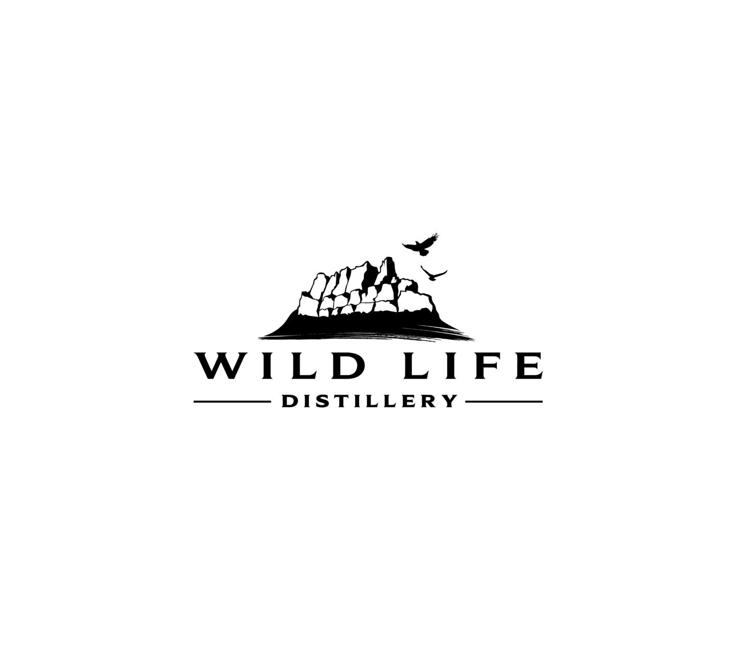 Wild Life Distillery logo with mountain, trees, and flying birds above text.