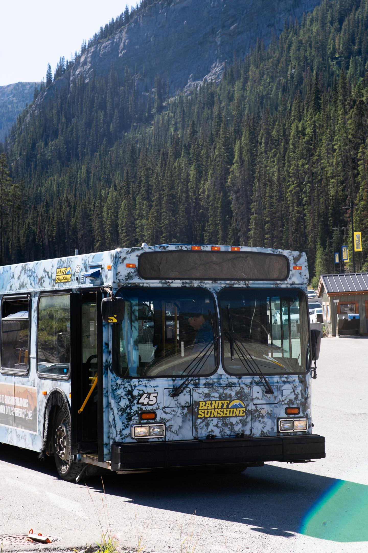 Decorated city bus parked beside a forested mountain road.