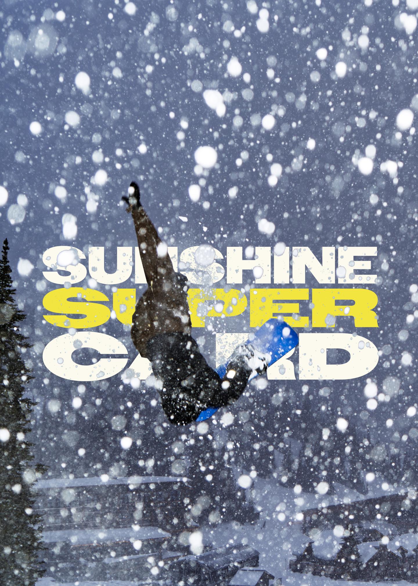 Snowy skier midair above bold “Sunshine Super Camp” text.
