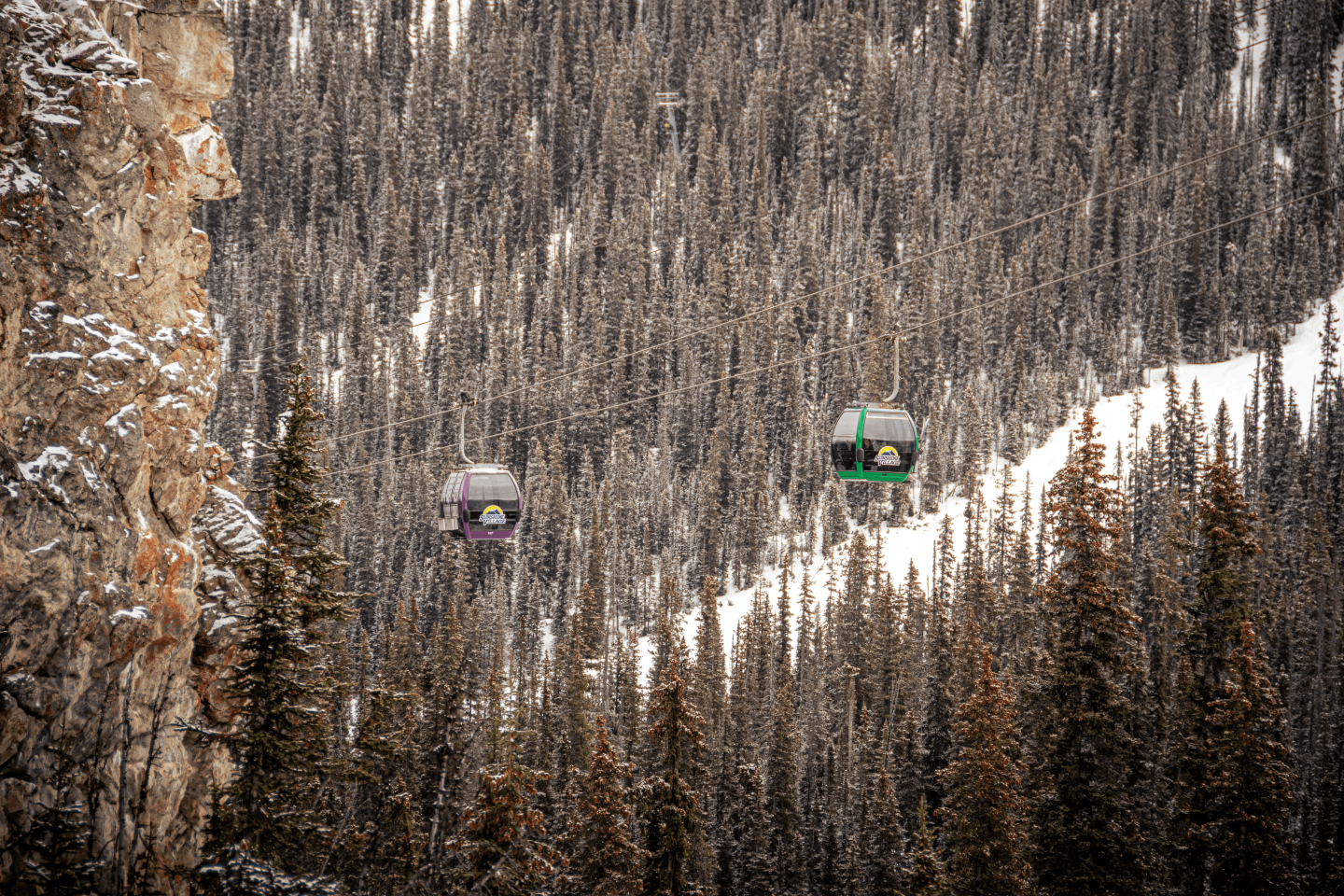 Two gondola cabins travel above a snowy forested mountainside.