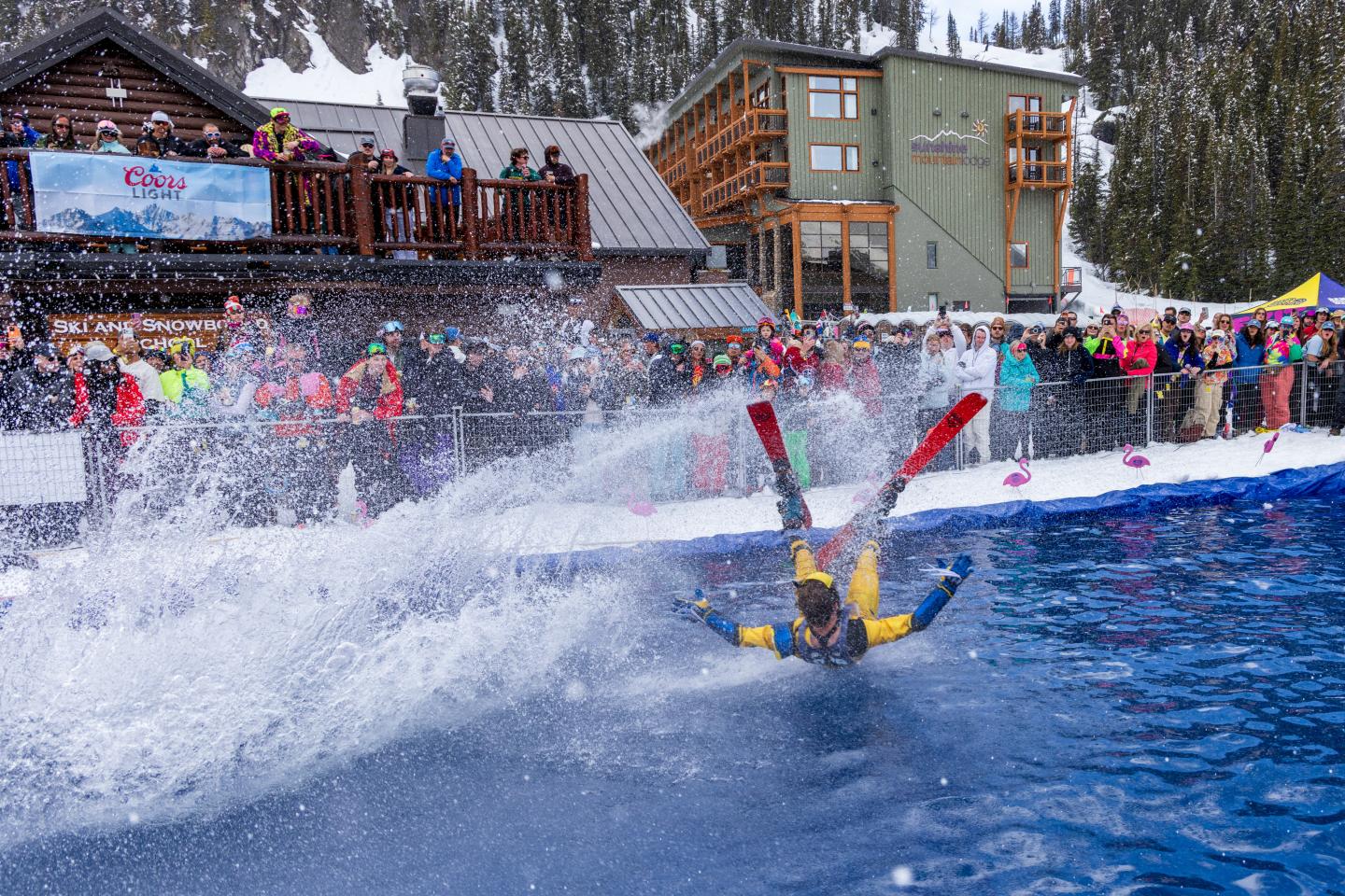 Skier flips into a pool during a snowy winter festival.