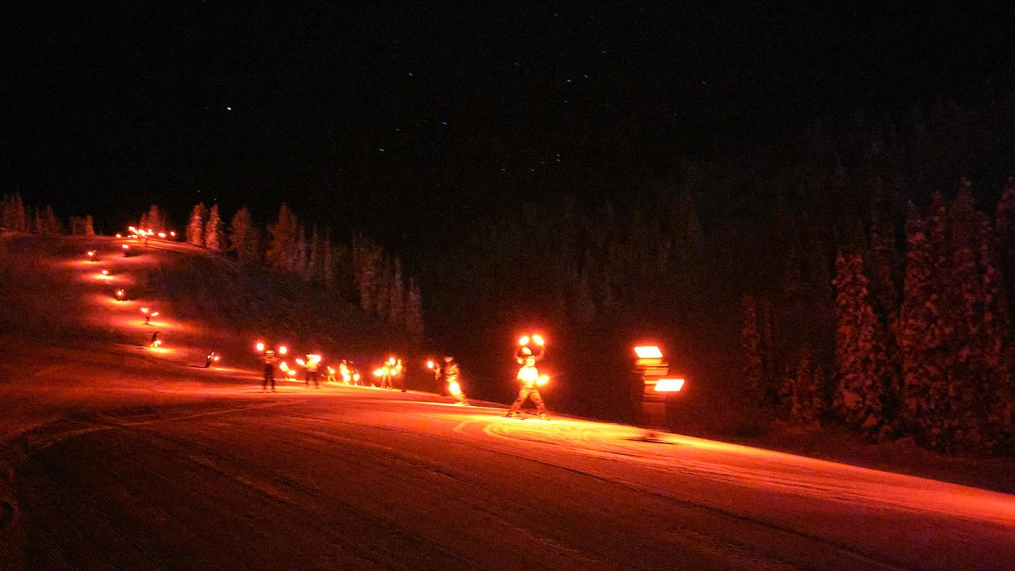 Nighttime wildfire burns along a forest road, glowing orange against dark trees.