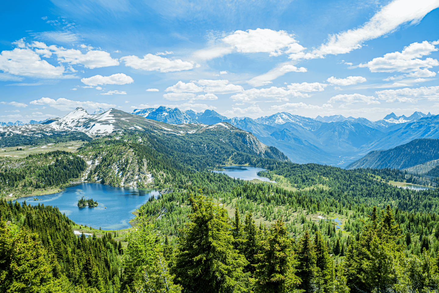 Panoramic view of a mountain lake surrounded by evergreen forest and snow-capped peaks.