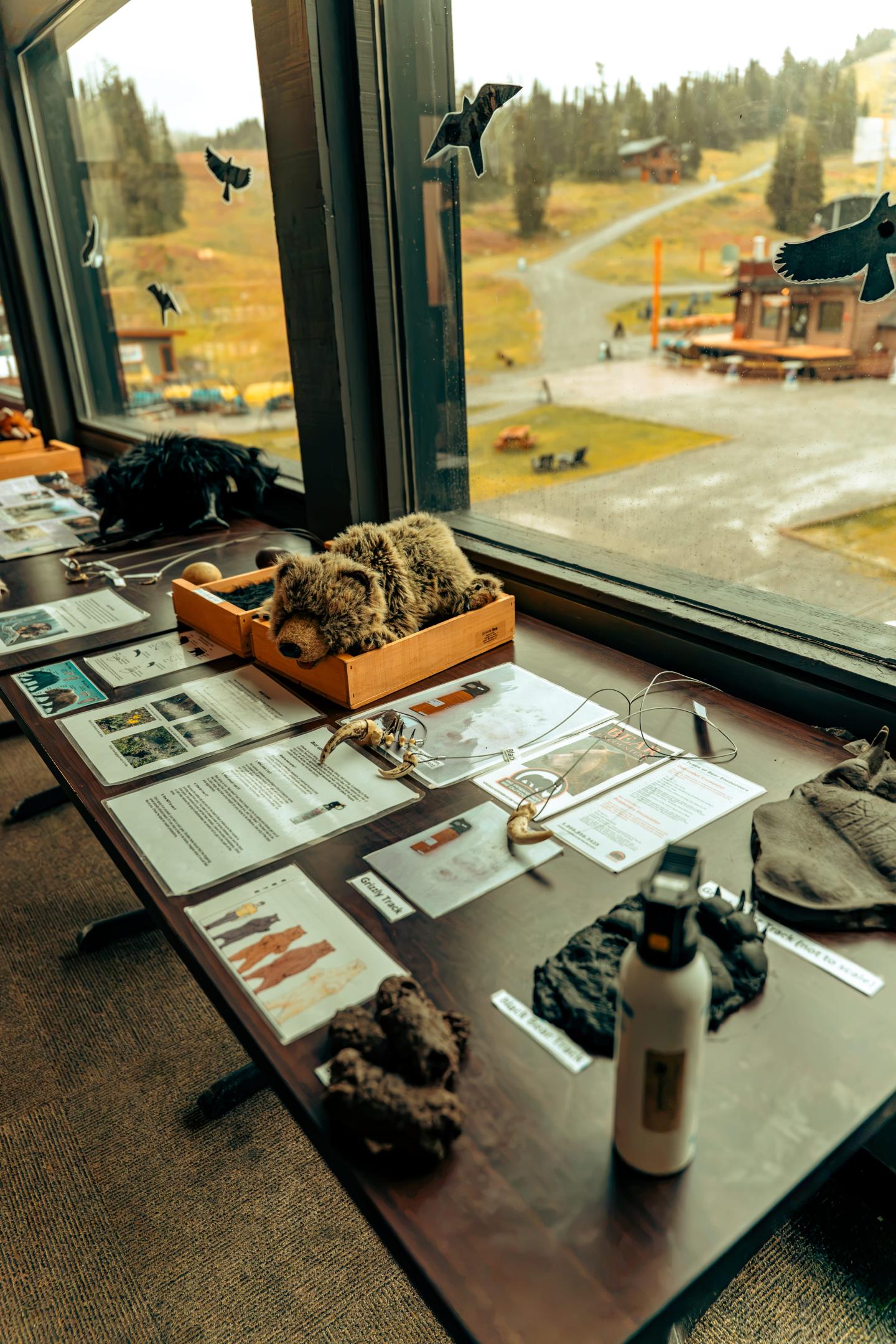 Artist’s desk with sketches, tools, and a coffee cup overlooking a rainy street.